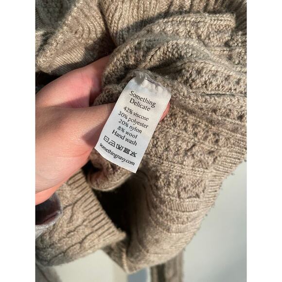 Something Navy Charlie Puff Sleeve Cable Knit Cardigan in Oatmeal Color - Picture 8 of 12